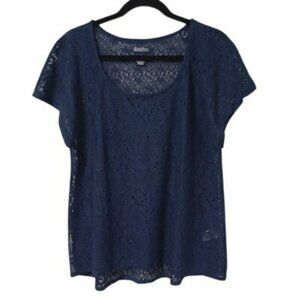 Lucky Brand Live In Love Top Tunic Crochet Open Knit Navy Blue Weave Sz L Women